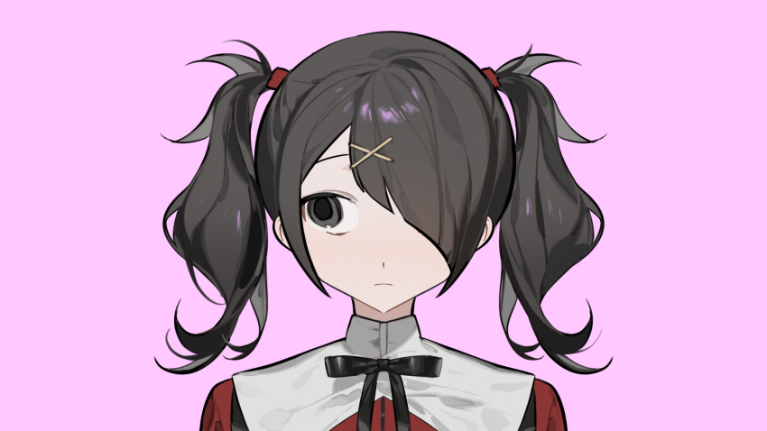 1girl ame-chan_(needy_girl_overdose) black_eyes black_hair black_ribbon hair_ornament hair_over_one_eye highres long_hair looking_to_the_side neck_ribbon needy_girl_overdose pink_background pkunooo portrait red_shirt ribbon shirt solo suspenders twintails x_hair_ornament