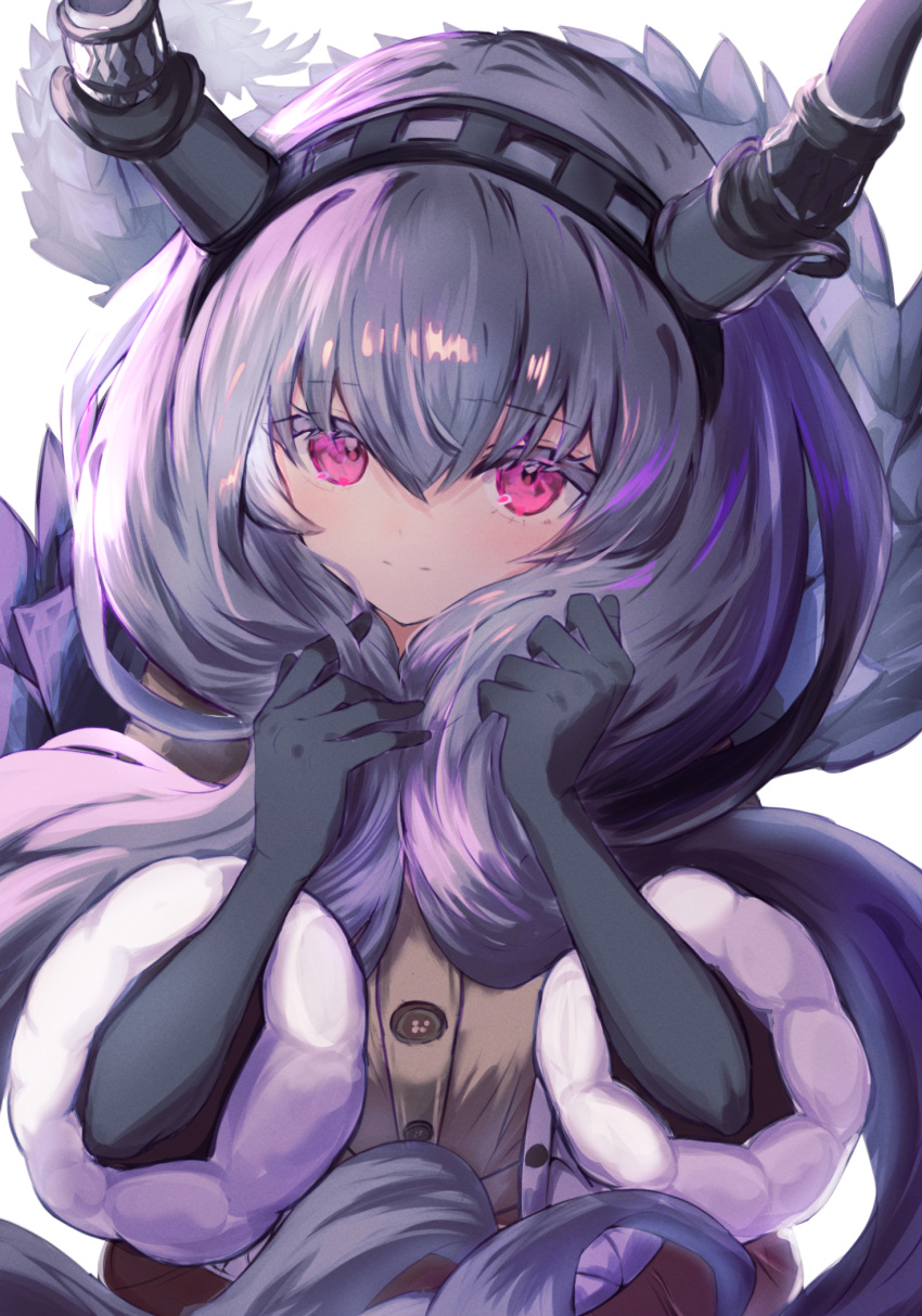 1girl arknights black_gloves blush brown_cardigan buttons cardigan deyuaru gloves hair_between_eyes highres holding holding_hair horns long_sleeves looking_at_viewer pink_eyes purple_hair simple_background solo tail typhon_(arknights) upper_body white_background