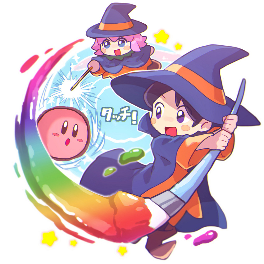 2girls adeleine alternate_costume black_hair blue_eyes blush_stickers boots cape chiimako commentary_request dress fairy fairy_wings hat holding holding_paintbrush holding_wand kirby kirby_(series) kirby_64 kirby_canvas_curse multiple_girls orange_dress paint paintbrush ribbon_(kirby) smile star_(symbol) wand wings witch_hat