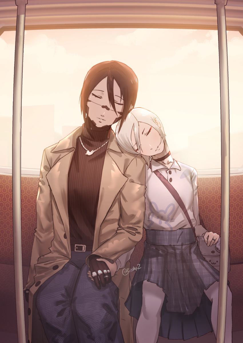 2girls absurdres android ariane_yeong choker closed_eyes couple cyberpunk elster_(signalis) highres holding_hands joints metal_skin multiple_girls pants ritskyz robot_joints science_fiction signalis skirt sleeping white_hair yuri