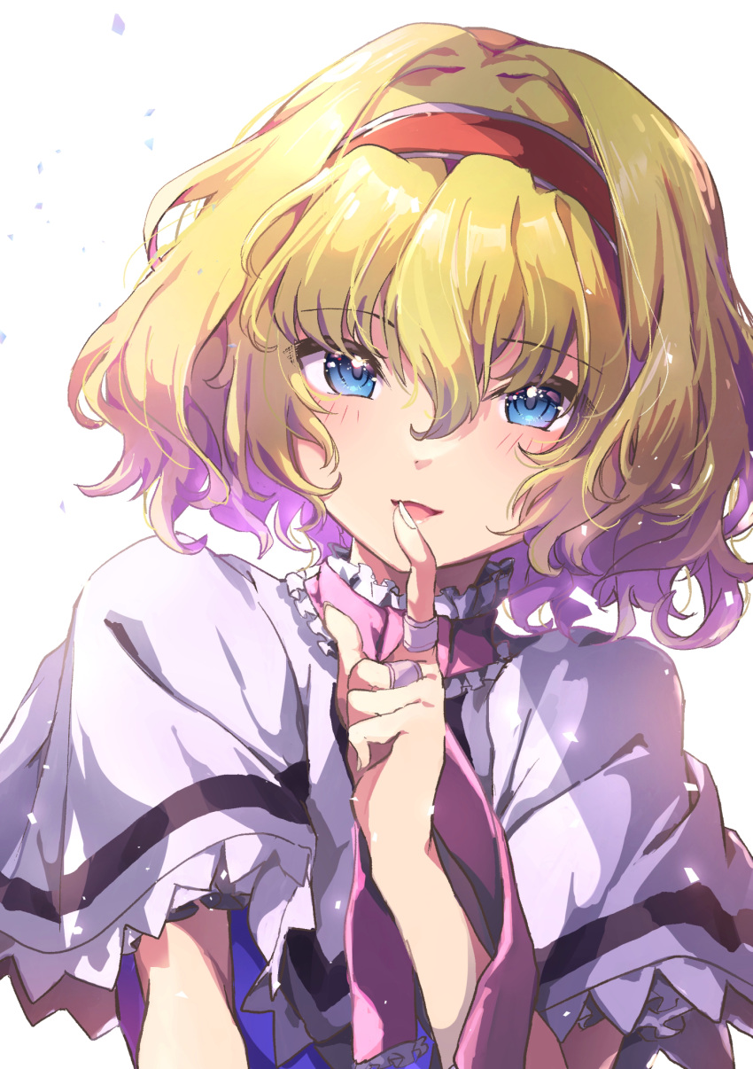 1girl :d alice_margatroid blonde_hair blue_eyes blush capelet commentary_request finger_to_mouth hair_between_eyes hair_intakes hairband hand_up highres index_finger_raised looking_at_viewer nanop38 open_mouth red_hairband short_hair sidelighting smile solo touhou upper_body white_background