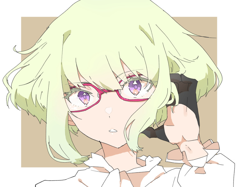 1boy absurdres ascot bespectacled black_gloves blonde_hair border brown_background colored_eyelashes frilled_sleeves frills glasses gloves half_gloves highres lio_fotia long_sleeves looking_at_viewer male_focus no_jacket otoko_no_ko parted_lips pink-framed_eyewear promare puffy_long_sleeves puffy_sleeves shirt short_hair sidelocks solo tyooka3244 violet_eyes white_ascot white_border white_shirt