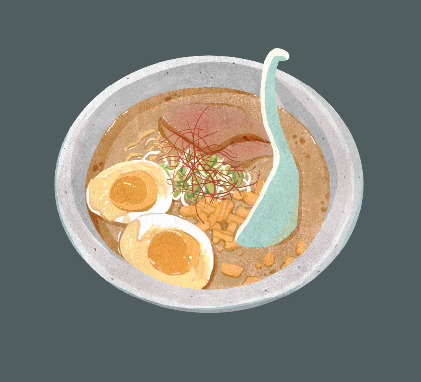 bowl egg_(food) food food_focus grey_background kakino_tanene no_humans noodles original ramen simple_background spoon still_life