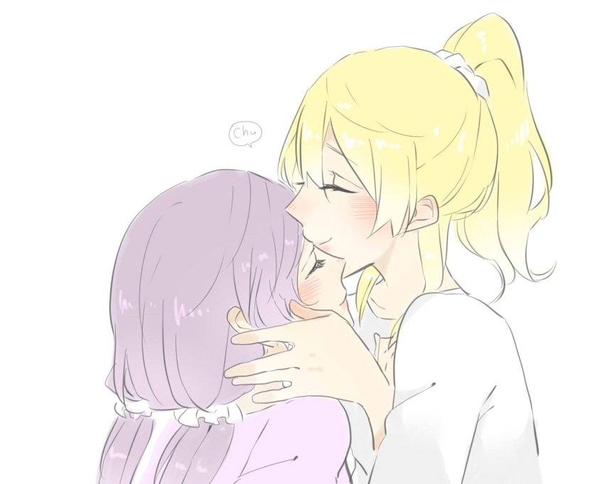 2girls ayase_eli blonde_hair blush closed_eyes closed_mouth commentary_request hair_between_eyes hair_ornament hair_scrunchie kashikaze kiss kissing_forehead long_hair love_live! love_live!_school_idol_project low_twintails multiple_girls pink_shirt ponytail purple_hair scrunchie shirt simple_background speech_bubble toujou_nozomi twintails upper_body white_background white_shirt yuri
