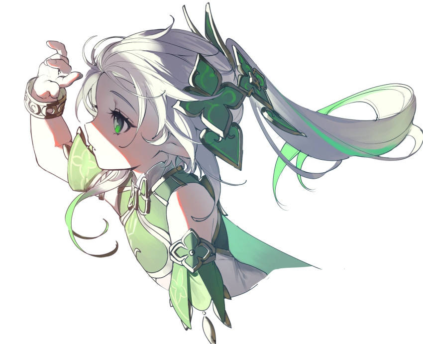 +_+ 1girl bracelet bright_pupils commentary cropped_torso detached_sleeves dress ebibi_chiriri from_side genshin_impact green_eyes green_hair green_sleeves hair_ornament highres jewelry leaf_hair_ornament looking_to_the_side multicolored_hair nahida_(genshin_impact) ponytail profile shaded_face shading_eyes sidelocks silver_trim simple_background sketch solo streaked_hair upper_body white_background white_dress white_hair white_pupils