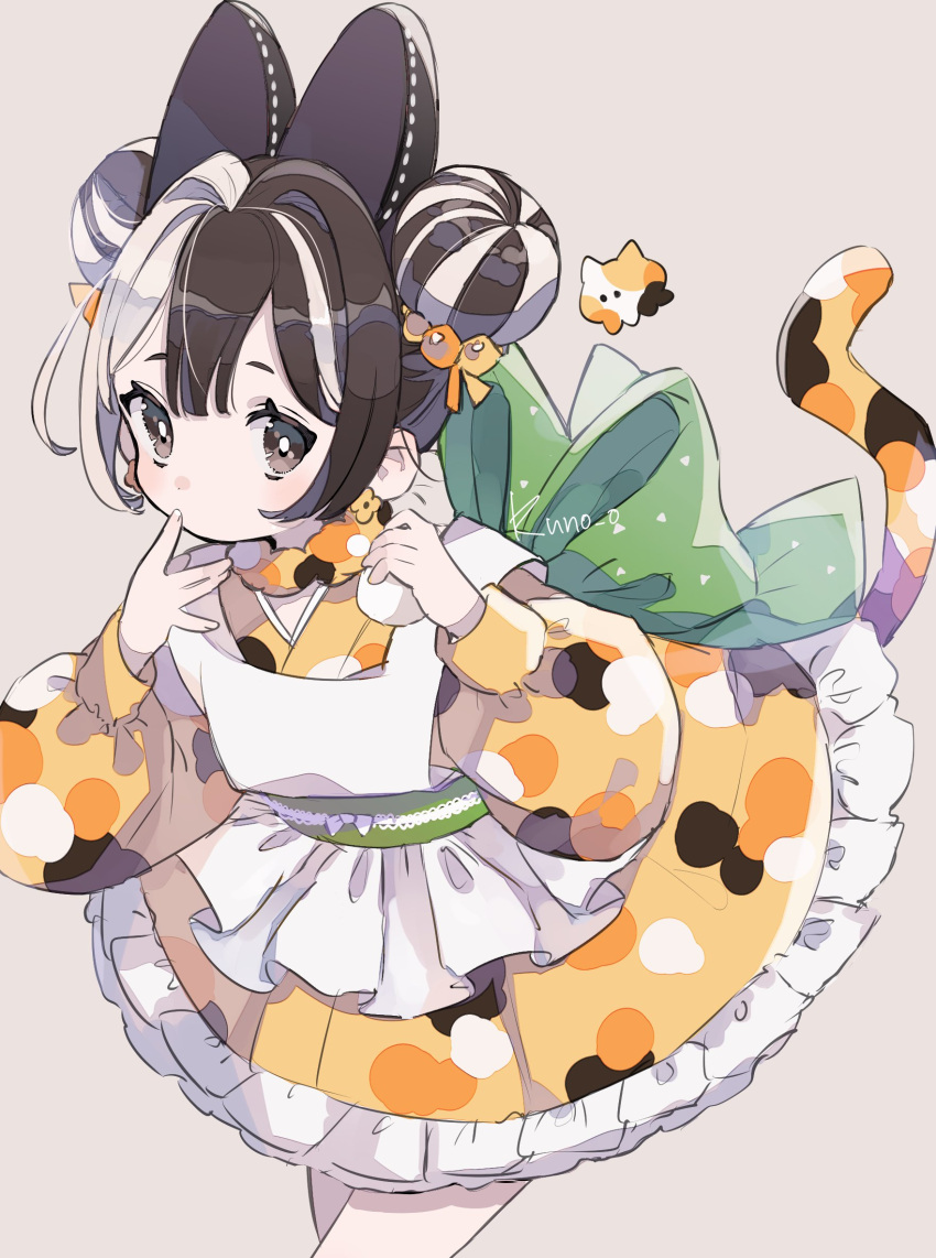 1girl apron black_hair bow brown_eyes covering_mouth double_bun dress frills hair_between_eyes hair_bow hair_bun hand_on_own_face hands_up highres jikuno light_brown_background multicolored_hair original short_hair simple_background sketch solo tail two-tone_hair white_background yellow_dress