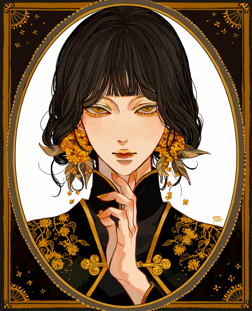 1boy absurdres blunt_bangs brown_hair closed_mouth commentary earrings finger_to_own_chin fingernails floral_print flower flower_earrings gold_osmanthus hand_up high_collar highres jewelry kagoya1219 lips lipstick looking_at_viewer makeup nail_polish original ornate_border portrait sanpaku short_hair signature simple_background solo straight-on white_background yellow_eyes yellow_flower yellow_lips yellow_nails