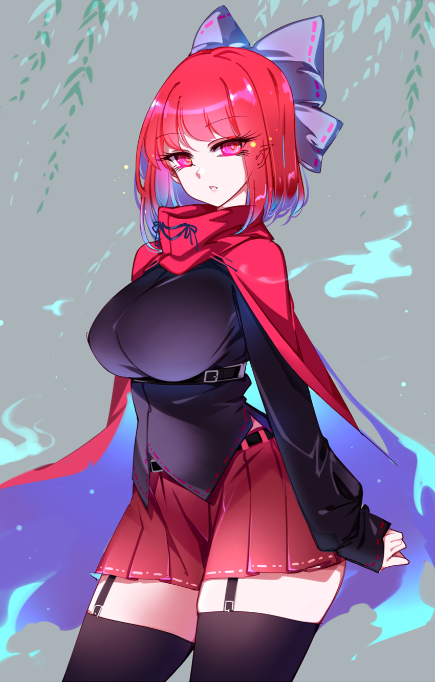 1girl belt black_shirt blue_bow bow breasts cloak garter_straps hair_bow highres large_breasts long_sleeves miniskirt pleated_skirt pointy_ears raptor7 red_cloak red_eyes red_skirt redhead sekibanki shirt short_hair skindentation skirt solo thigh-highs touhou