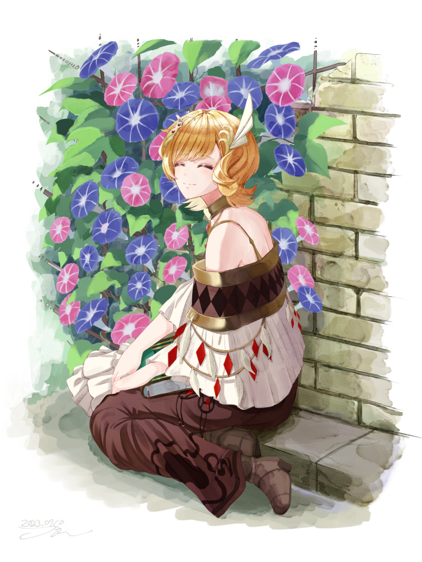 1girl bare_shoulders blonde_hair choker citrinne_(fire_emblem) closed_eyes closed_mouth detached_sleeves dress feather_hair_ornament feathers fire_emblem fire_emblem_engage flower gold_choker gold_trim hair_ornament highres jewelry jin_noumi long_dress necklace on_ground short_hair sitting smile solo