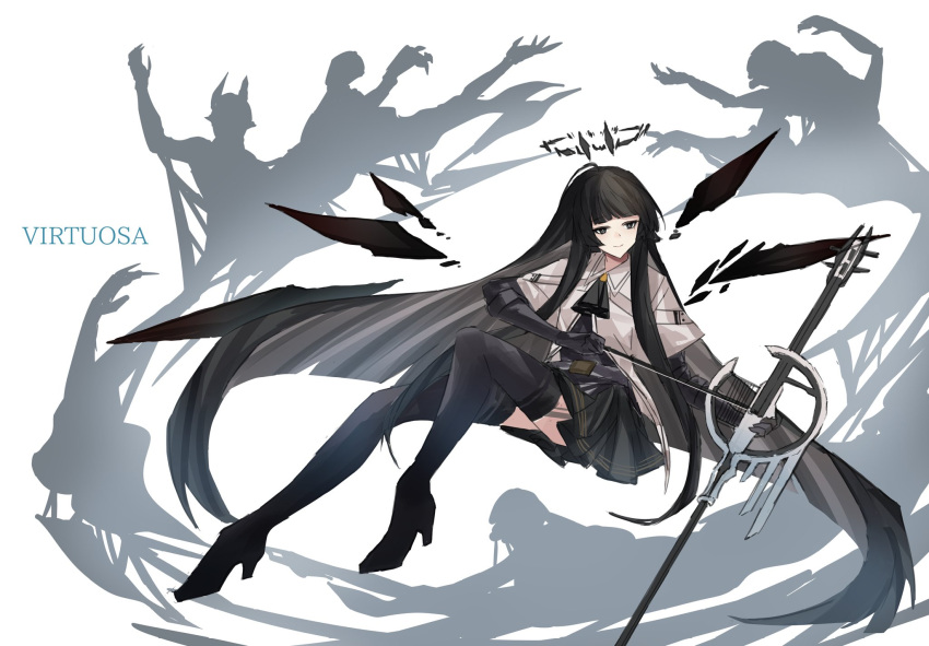 1girl absurdly_long_hair ahoge arknights ascot belt belt_buckle black_ascot black_belt black_eyes black_footwear black_garter_straps black_gloves black_hair black_halo black_shirt black_skirt black_thighhighs black_wings boots bow_(music) broken_halo buckle cello character_name collared_jacket dark_halo detached_wings dress_shirt elbow_gloves energy_wings english_commentary floating floating_hair full_body garter_straps gloves halo high_heel_boots high_heels highres holding holding_bow_(music) holding_instrument holding_violin instrument jacket long_hair looking_to_the_side mole mole_under_eye music originium_arts_(arknights) playing playing_instrument shirt simple_background skirt smile solo thigh-highs very_long_hair violin virtuosa_(arknights) white_background white_belt white_jacket wings yazu_(zoddiacz)