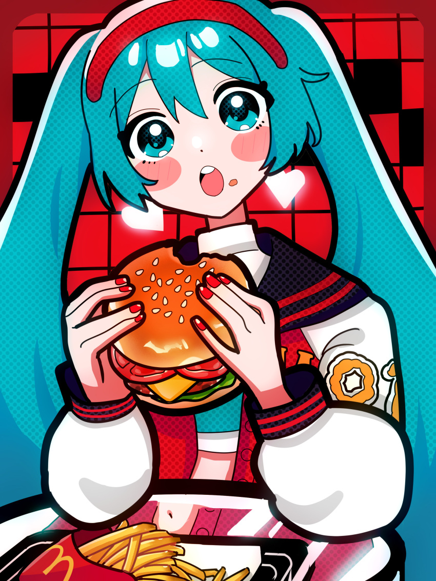 1girl :o absurdres aqua_eyes aqua_hair blue_eyes blue_hair blush burger casual checkered_background crop_top earrings food food_bite food_on_face french_fries glass_table hair_between_eyes hair_ornament hairband halftone hatsune_miku heart heart_earrings highres holding holding_food jacket jewelry letterman_jacket long_hair looking_at_viewer mcdonald's midriff open_mouth red_hairband red_nails shirt simple_background solo sugarmonaka table twintails very_long_hair vocaloid