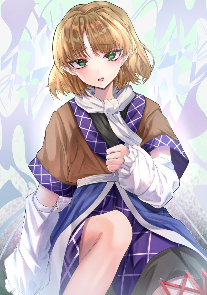 1girl abstract_background arm_warmers black_shirt blonde_hair blush brown_shirt commentary_request feet_out_of_frame flat_chest green_eyes highres knee_up looking_at_viewer medium_bangs mizuhashi_parsee nyarocks open_mouth pointy_ears raised_eyebrows sash scarf shirt short_hair short_sleeves solo touhou undershirt white_background white_sash white_scarf