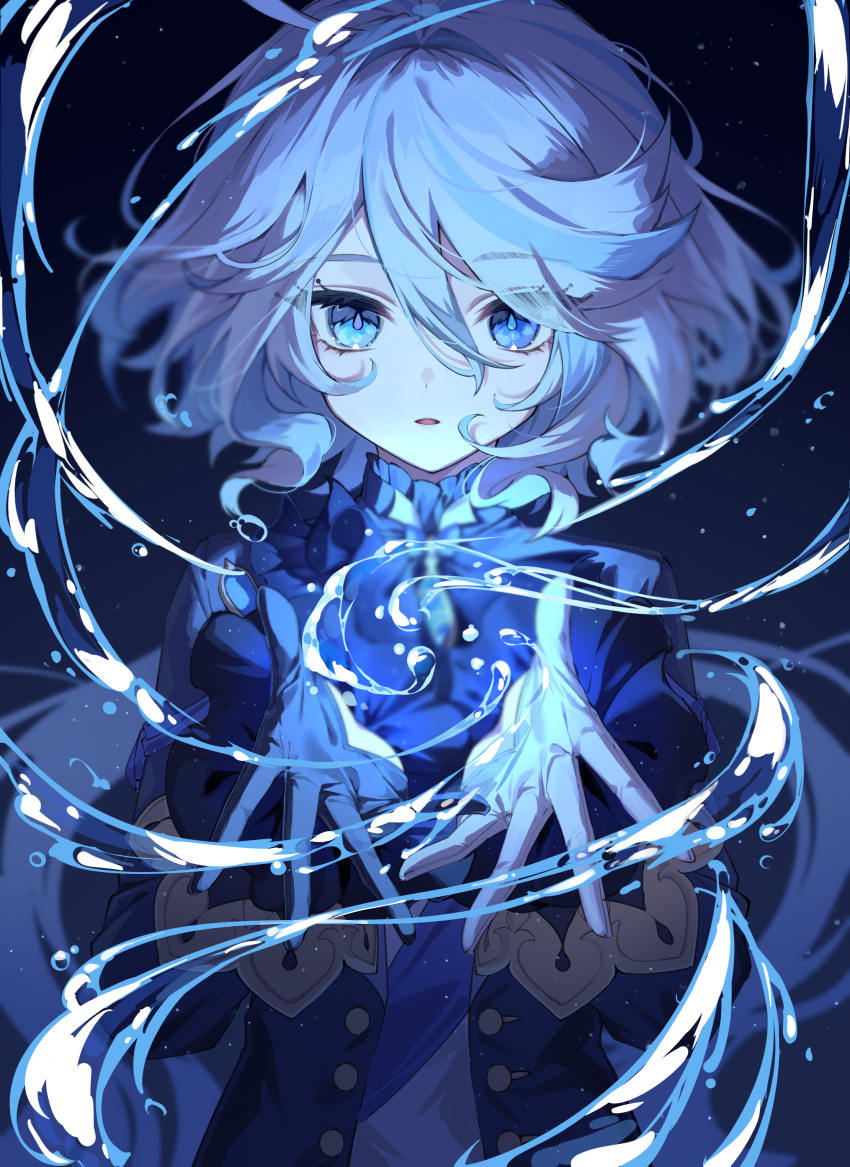 1girl absurdres ascot blue_ascot blue_eyes commentary eyelashes facing_viewer furina_(genshin_impact) genshin_impact gloves hair_between_eyes highres long_hair long_sleeves looking_at_viewer mochizuki_mochi parted_lips symbol-only_commentary upper_body very_long_hair water white_hair