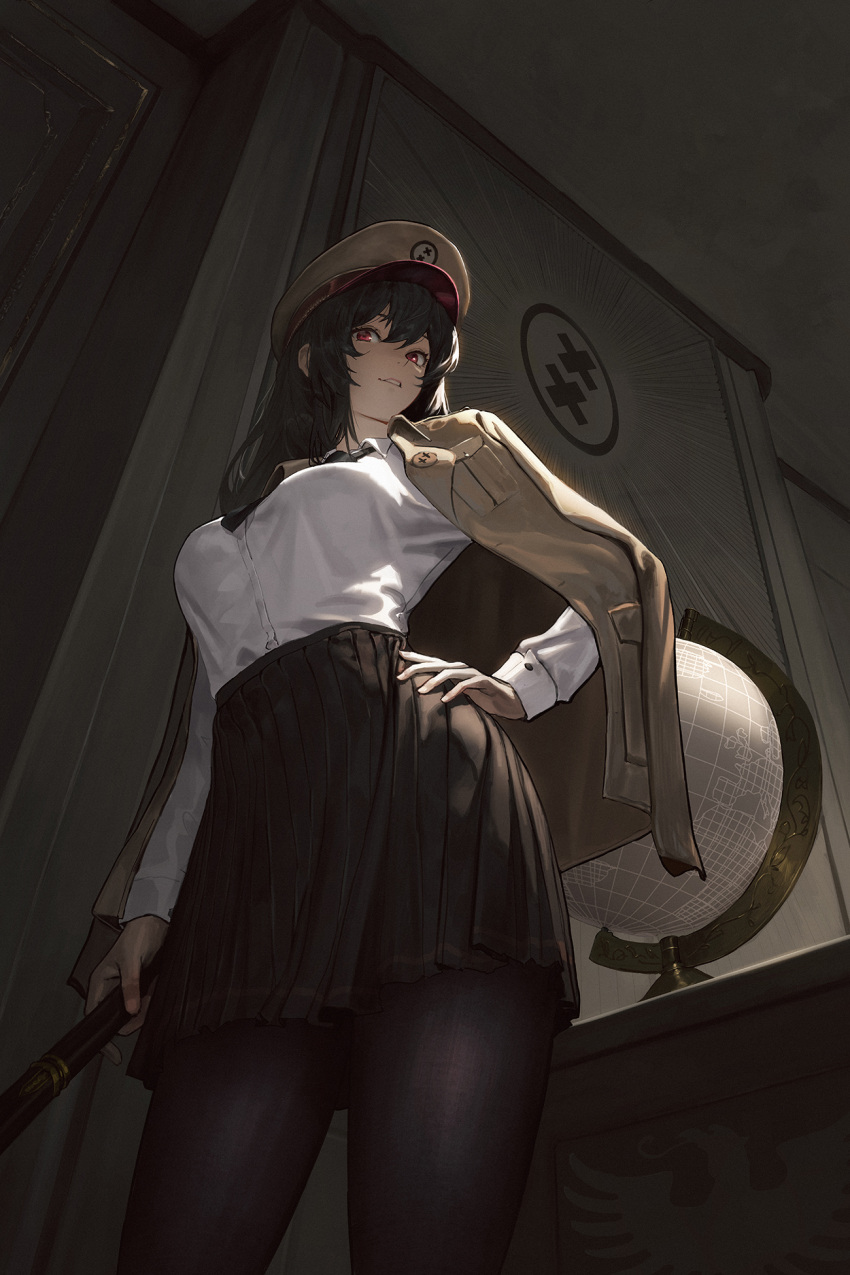 1girl black_hair black_necktie black_skirt collared_shirt cool4noodle dress_shirt from_below globe hand_on_own_hip hat highres holding indoors jacket jacket_on_shoulders long_hair military_hat military_jacket necktie original pantyhose pleated_skirt red_eyes shirt shirt_tucked_in skirt solo standing white_shirt