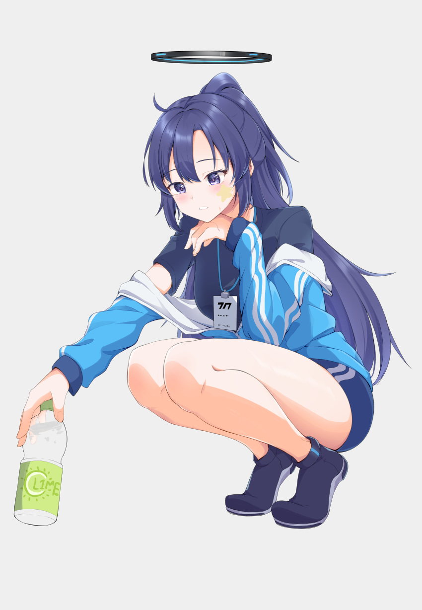 1girl absurdres bare_legs black_footwear black_shirt blue_archive blue_buruma blue_eyes blue_hair blue_jacket blush bottle breasts buruma commentary full_body gym_uniform halo hand_on_own_chin highres holding holding_bottle id_card jacket lanyard long_hair looking_down mechanical_halo medium_breasts off_shoulder official_alternate_costume open_clothes open_jacket parted_bangs parted_lips partially_unzipped ponytail shiraae_quartet shirt shoes simple_background solo squatting star_sticker sticker_on_face sweat thighs track_jacket water_bottle white_background yuuka_(blue_archive) yuuka_(track)_(blue_archive)