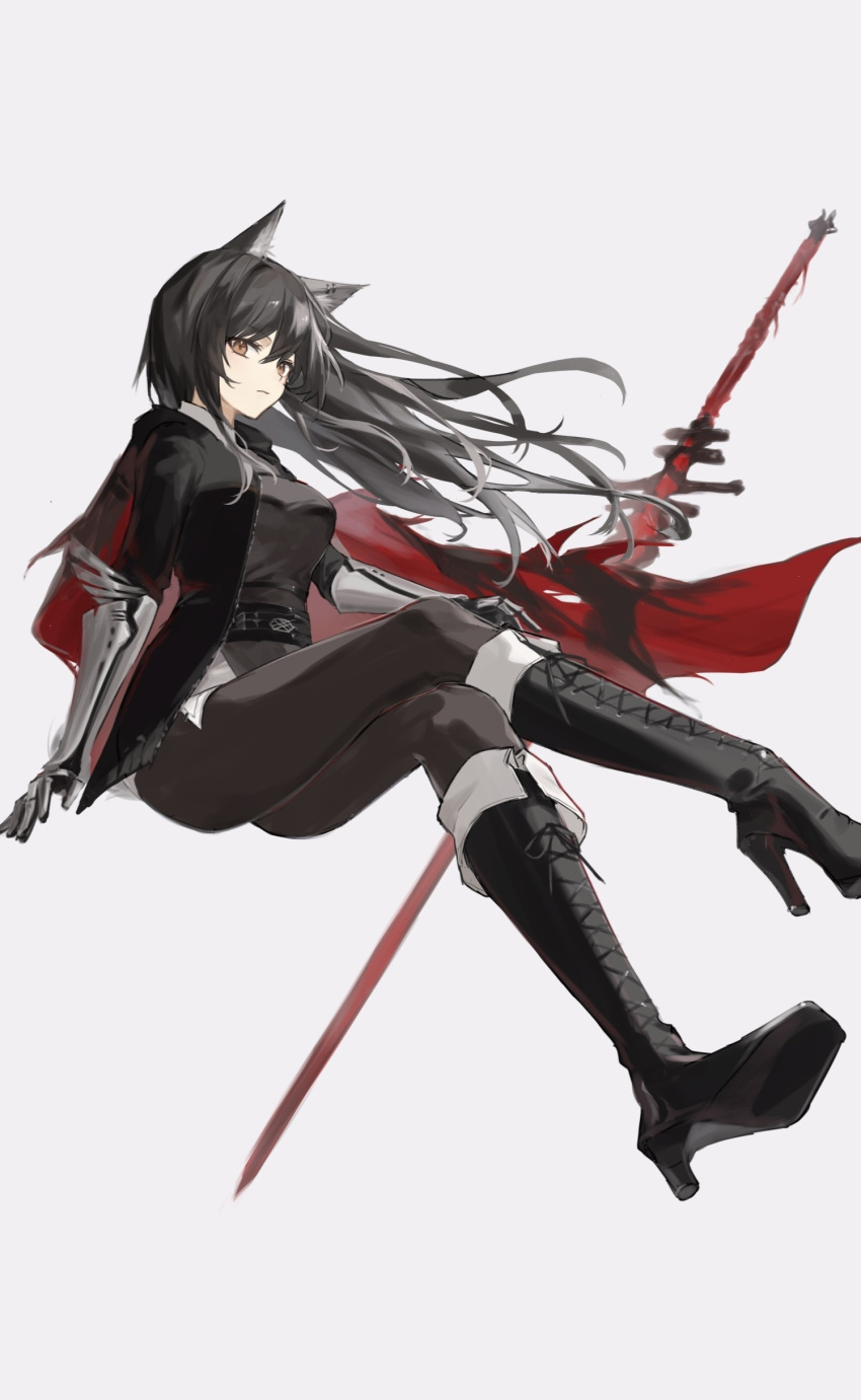 1girl 2naom8q6gt87292 absurdres animal_ears arknights black_footwear black_hair black_pants boots cape commentary crossed_legs frown full_body gauntlets grey_background high_heels highres holding holding_sword holding_weapon knee_boots long_hair looking_at_viewer orange_eyes pants red_cape sheath sheathed simple_background sketch solo sword texas_(arknights) texas_the_omertosa_(arknights) texas_the_omertosa_(wingbreaker)_(arknights) weapon white_background wolf_ears