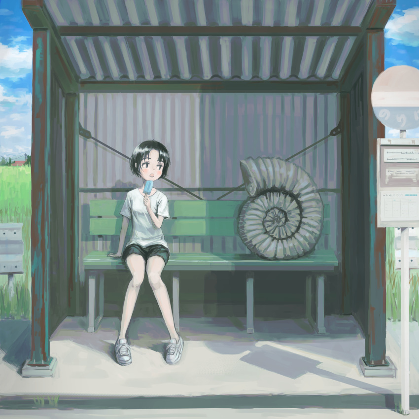 1girl absurdres bench black_eyes black_hair black_shorts blue_sky bus_stop bus_stop_sign clouds day food fossil highres holding holding_food holding_popsicle okura_lino original outdoors popsicle scenery shirt short_hair shorts sitting sky solo white_shirt