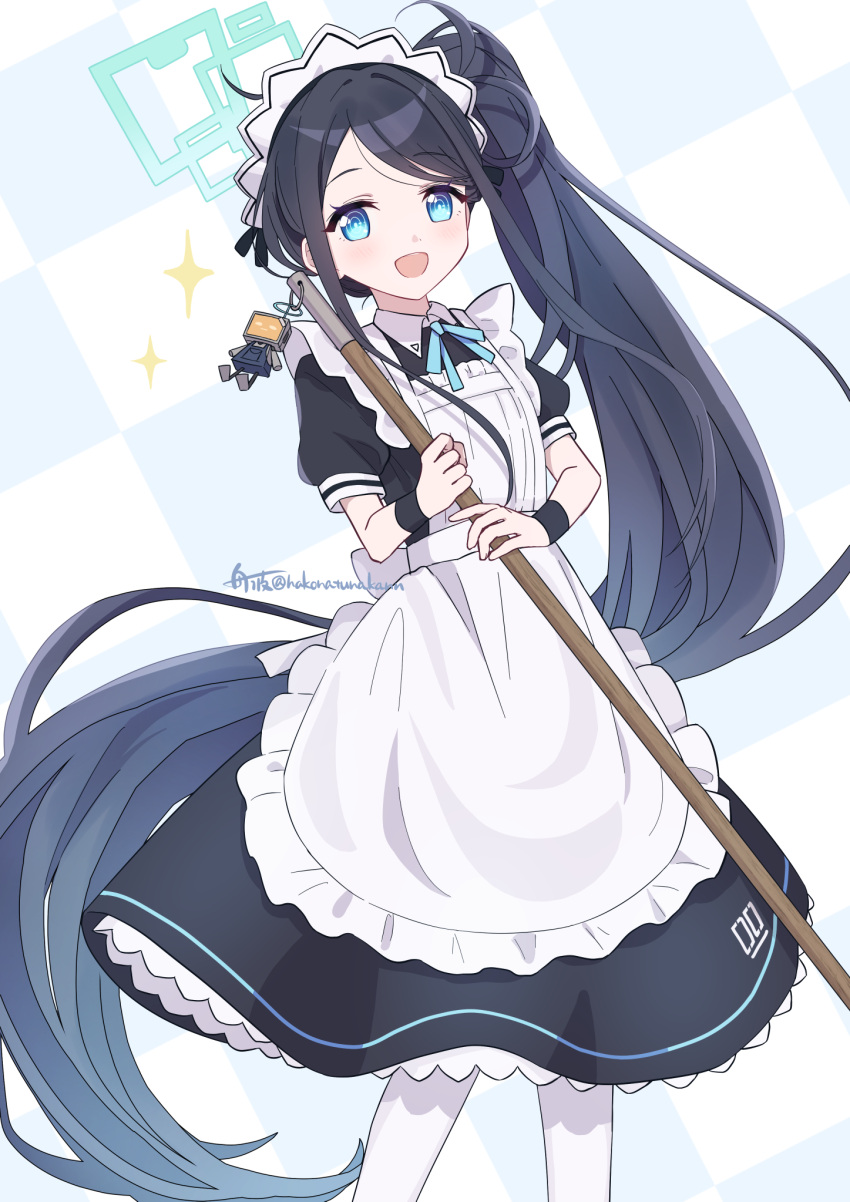 1girl apron aris_(blue_archive) aris_(maid)_(blue_archive) black_dress black_hair black_wristband blue_archive blue_eyes blue_necktie collared_dress commentary_request dress feet funami_(hakonatunakann) green_halo halo highres holding holding_mop long_hair looking_at_viewer maid maid_apron maid_headdress mop neck_ribbon necktie official_alternate_costume open_mouth pantyhose puffy_short_sleeves puffy_sleeves ribbon ringed_eyes short_sleeves side_ponytail sidelocks smile solo sparkle twitter_username very_long_hair white_apron white_pantyhose