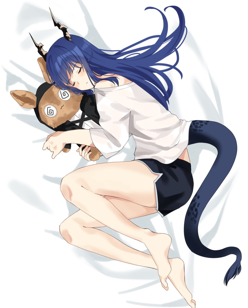 1girl @_@ arknights bare_legs barefoot bed_sheet black_shorts blue_hair ch'en_(arknights) closed_eyes closed_mouth commentary_request dolphin_shorts dragon_girl dragon_horns dragon_tail full_body highres horns legs lily0428 long_hair long_sleeves lying off_shoulder on_side shirt short_shorts shorts solo stuffed_animal stuffed_rabbit stuffed_toy tail toes very_long_hair white_shirt wide_sleeves