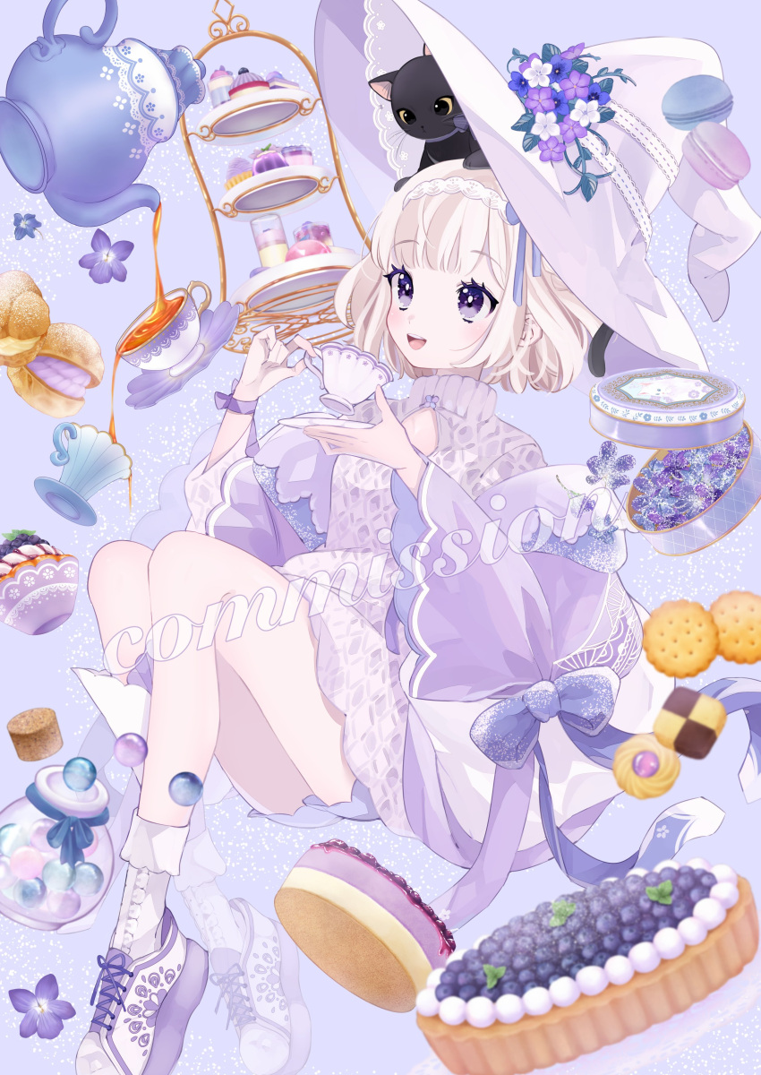 1girl absurdres black_cat blonde_hair blunt_bangs cake cat commission cup flower food hairband hands_up hat highres holding holding_cup jikuno open_mouth original purple_background purple_footwear purple_headwear short_hair shorts socks solo teeth upper_teeth_only white_socks witch_hat
