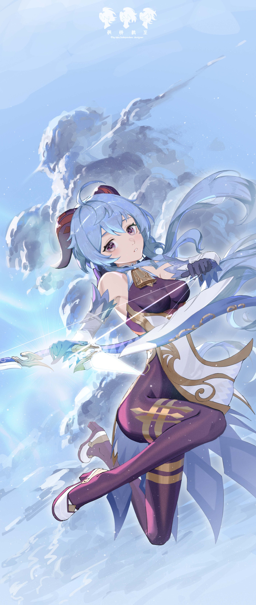 1girl absurdres ahoge amos'_bow_(genshin_impact) bare_shoulders bell black_pantyhose blue_hair bow_(weapon) breasts clouds detached_sleeves drawing_bow floating full_body ganyu_(genshin_impact) genshin_impact gold_trim high_heels highres holding holding_bow_(weapon) holding_weapon horns long_hair looking_at_viewer makinohara_ue medium_breasts mihoyo neck_bell pantyhose sidelocks solo thighlet violet_eyes weapon white_sleeves