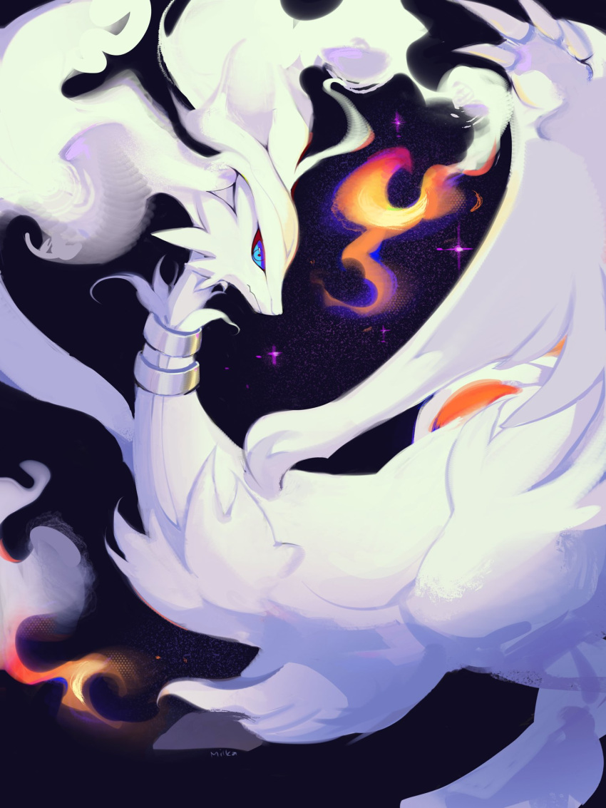 blue_eyes blue_sclera collar colored_sclera feet_out_of_frame fire from_side highres looking_at_viewer metal_collar milka_(milk4ppl) no_humans pokemon pokemon_(creature) purple_background reshiram smoke solo sparkle white_fur wings