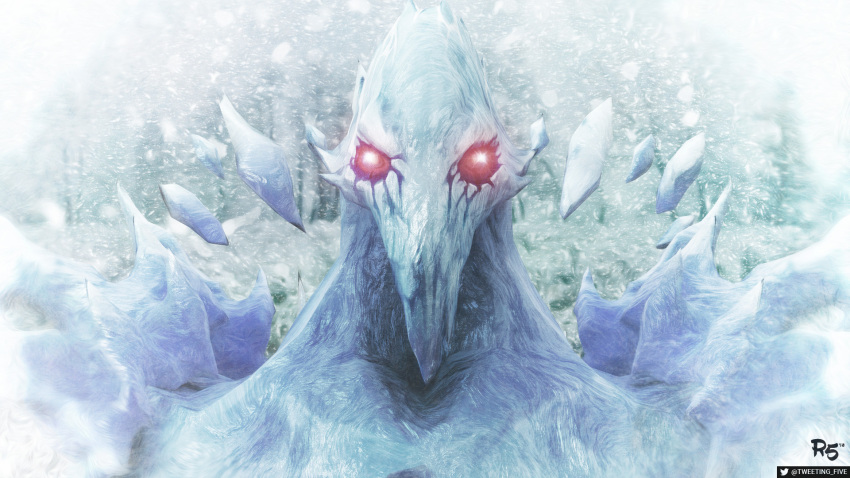 1boy ancient_apparition_(dota_2) dota_(series) dota_2 english_commentary highres ice ice_shard looking_at_viewer red-five_(r5) red_eyes snow solo twitter_username upper_body watermark