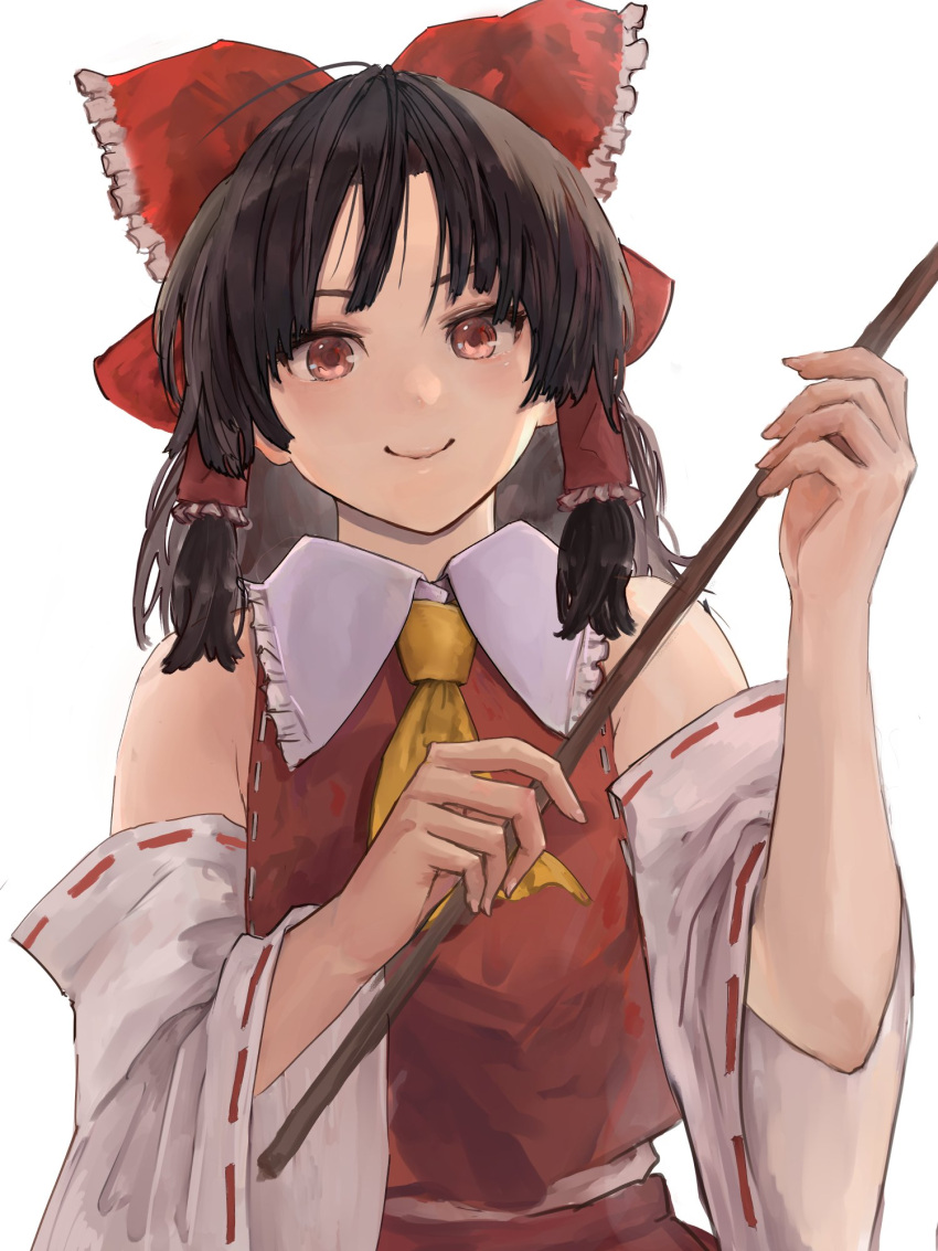 1girl ascot bare_shoulders black_hair bow brown_eyes closed_mouth commentary_request detached_sleeves ebihurai1 eyebrows_hidden_by_hair fingernails flat_chest frilled_bow frilled_hair_tubes frilled_shirt_collar frills gohei hair_bow hair_tubes hakurei_reimu hands_up highres holding holding_stick light_blush long_hair long_sleeves looking_at_viewer red_bow red_vest ribbon-trimmed_sleeves ribbon_trim simple_background sleeves_past_elbows smile solo stick touhou upper_body vest white_background yellow_ascot
