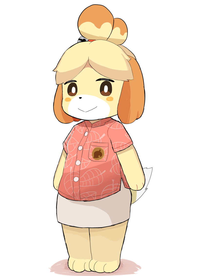 1girl :&gt; aaa_(pixiv_70331378) absurdres animal_crossing animal_ears animal_feet animal_hands arms_at_sides barefoot bell blonde_hair blush_stickers body_fur bright_pupils brown_eyes buttons closed_mouth collared_shirt commentary_request dog_ears dog_girl dog_tail feet flat_chest full_body furry furry_female hair_bell hair_ornament hair_tie happy highres isabelle_(animal_crossing) jingle_bell leaf_print legs_together looking_at_viewer miniskirt parted_bangs partial_commentary pencil_skirt pink_shirt shirt short_hair short_sleeves simple_background skirt smile solo standing tail topknot two-tone_fur white_background white_fur white_pupils white_skirt yellow_fur