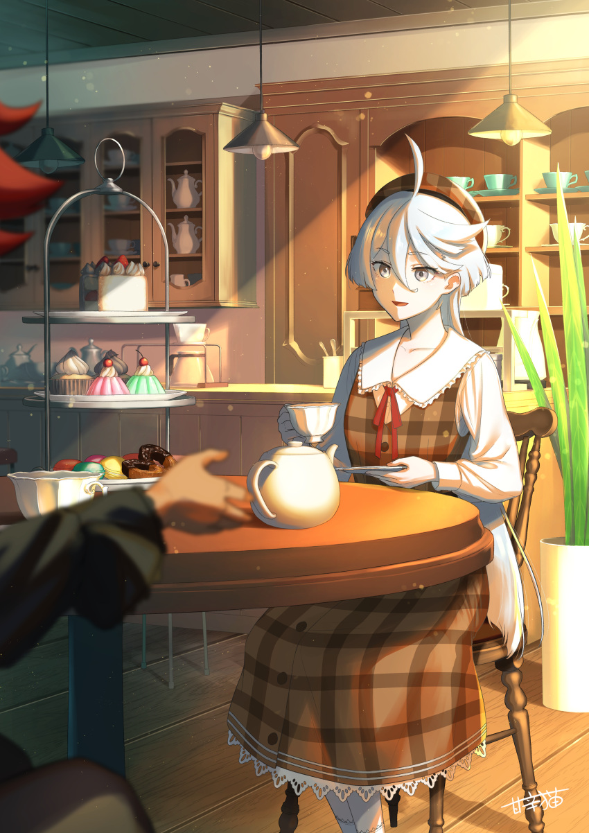 2girls absurdres ahoge buttons cabinet cake chair checkered_clothes checkered_dress cup dress food frilled_dress frills grey_eyes grey_hair gundam gundam_suisei_no_majo highres holding holding_cup holding_plate kettle kitchen light long_hair long_sleeves miorine_rembran multiple_girls on_chair open_mouth out_of_frame plant plate potted_plant raito_(latek) red_ribbon redhead ribbon sitting suletta_mercury table