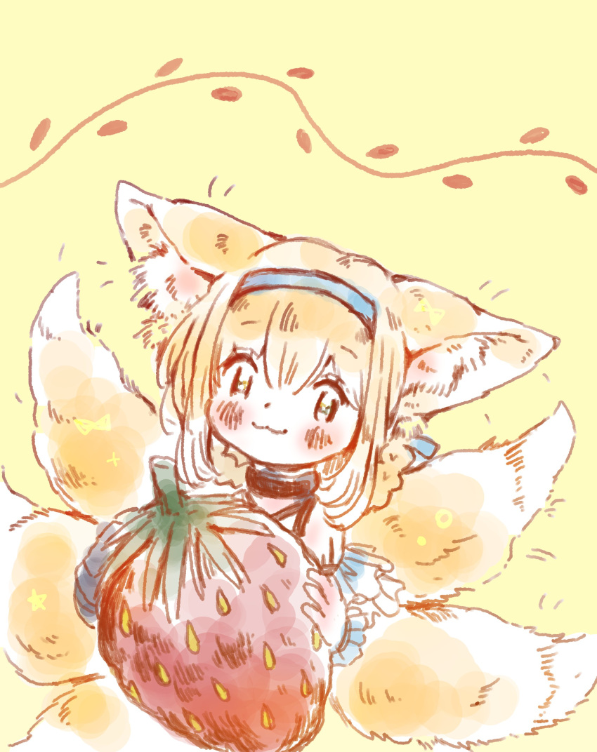 1girl :3 absurdres animal_ear_fluff animal_ears arknights black_gloves blonde_hair blue_hairband blush braid braided_hair_rings commentary_request food fox_ears fox_girl fox_tail fruit gloves hair_between_eyes hair_rings hairband highres holding holding_food holding_fruit kitsune kyuubi momomomowan multiple_tails simple_background single_glove solo strawberry tail twin_braids yellow_background