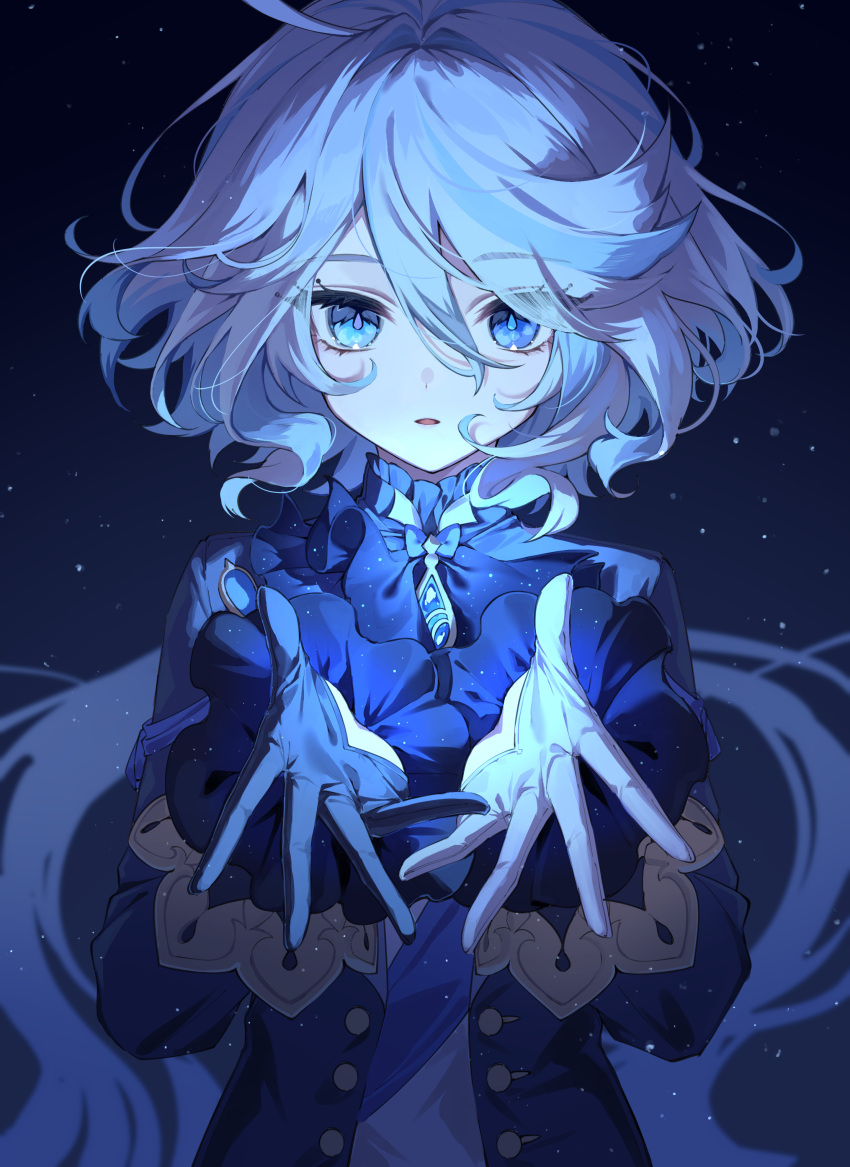 1girl absurdres ascot blue_ascot blue_eyes commentary eyelashes facing_viewer furina_(genshin_impact) genshin_impact gloves hair_between_eyes highres long_hair long_sleeves looking_at_viewer mochizuki_mochi parted_lips symbol-only_commentary upper_body very_long_hair water white_hair