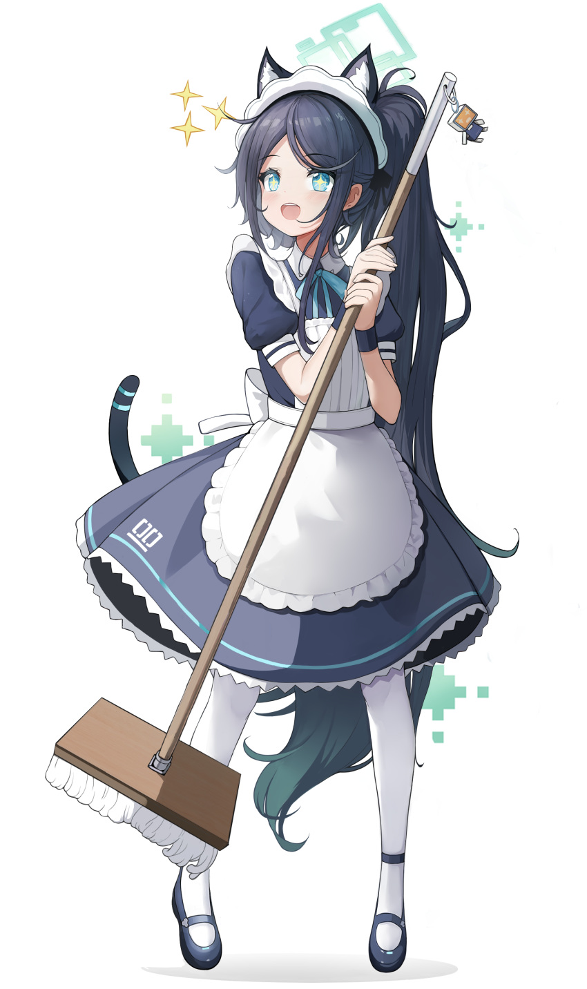+_+ 1girl absurdres animal_ears apron aris_(blue_archive) aris_(maid)_(blue_archive) black_dress black_footwear black_hair black_wristband blue_archive blue_ribbon blush cat_ears cat_girl cat_tail collared_dress commentary dress full_body gradient_hair green_eyes grey_hair hands_up highres holding holding_mop loafers long_hair looking_to_the_side maid maid_apron maid_headdress mop multicolored_hair neck_ribbon official_alternate_costume open_mouth pantyhose puffy_short_sleeves puffy_sleeves ribbon shoes short_sleeves side_ponytail simple_background smile solo sparkle standing tail very_long_hair white_apron white_background white_pantyhose youtiao_zongzi