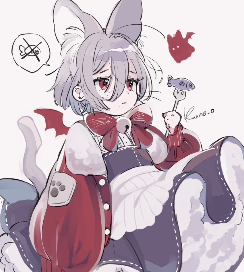 1girl animal_ear_fluff animal_ears artist_name blue_dress bow bowtie cat_tail dress grey_hair hand_up highres holding jacket jikuno light_brown_background long_sleeves mini_wings original red_bow red_eyes short_hair simple_background sketch solo tail tearing_up wings