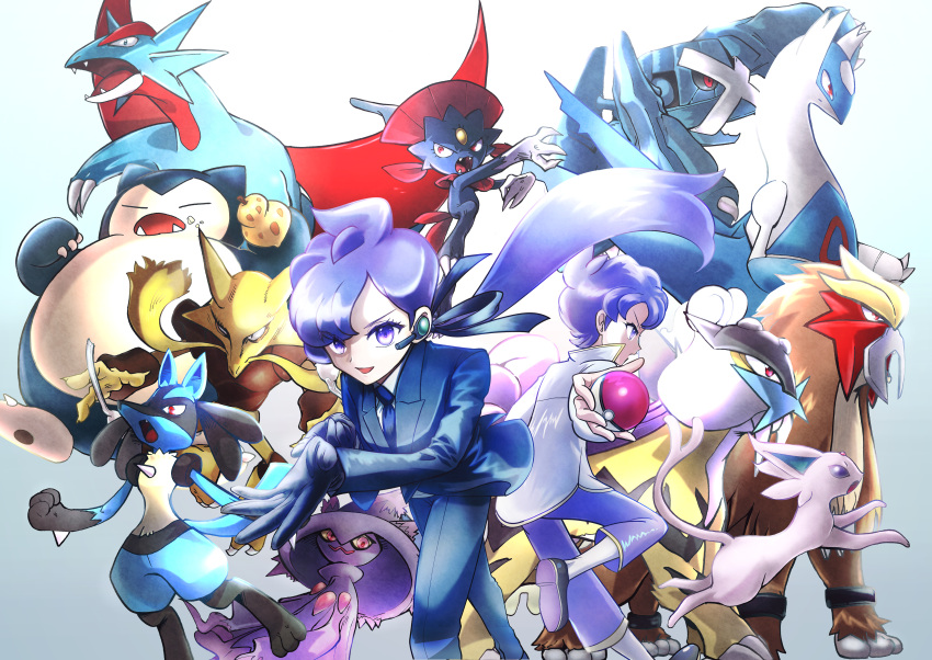 2girls absurdres adjusting_clothes adjusting_gloves alakazam anabel_(pokemon) androgynous back-to-back berry_(pokemon) claws commentary_request earpiece entei espeon f_(ffffff9910) fangs gloves highres holding holding_poke_ball latios looking_at_viewer lucario metagross mismagius multiple_girls multiple_persona poke_ball poke_ball_(basic) pokemon pokemon_(creature) pokemon_(game) pokemon_emerald pokemon_rse pokemon_sm purple_hair raikou red_eyes salamence sitrus_berry snorlax violet_eyes weavile wings