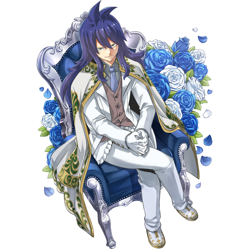 1boy blue_flower blue_hair blue_necktie blue_rose brown_vest chair cloak collared_shirt crossed_legs flower full_body gate_of_nightmares gloves green_eyes grey_shirt highres jacket long_hair looking_at_viewer mashima_hiro necktie official_alternate_costume official_art open_clothes open_jacket oristhor_(gate_of_nightmares) own_hands_together pants rose shirt shoes simple_background sitting solo transparent_background vest white_cloak white_flower white_footwear white_gloves white_jacket white_pants white_rose