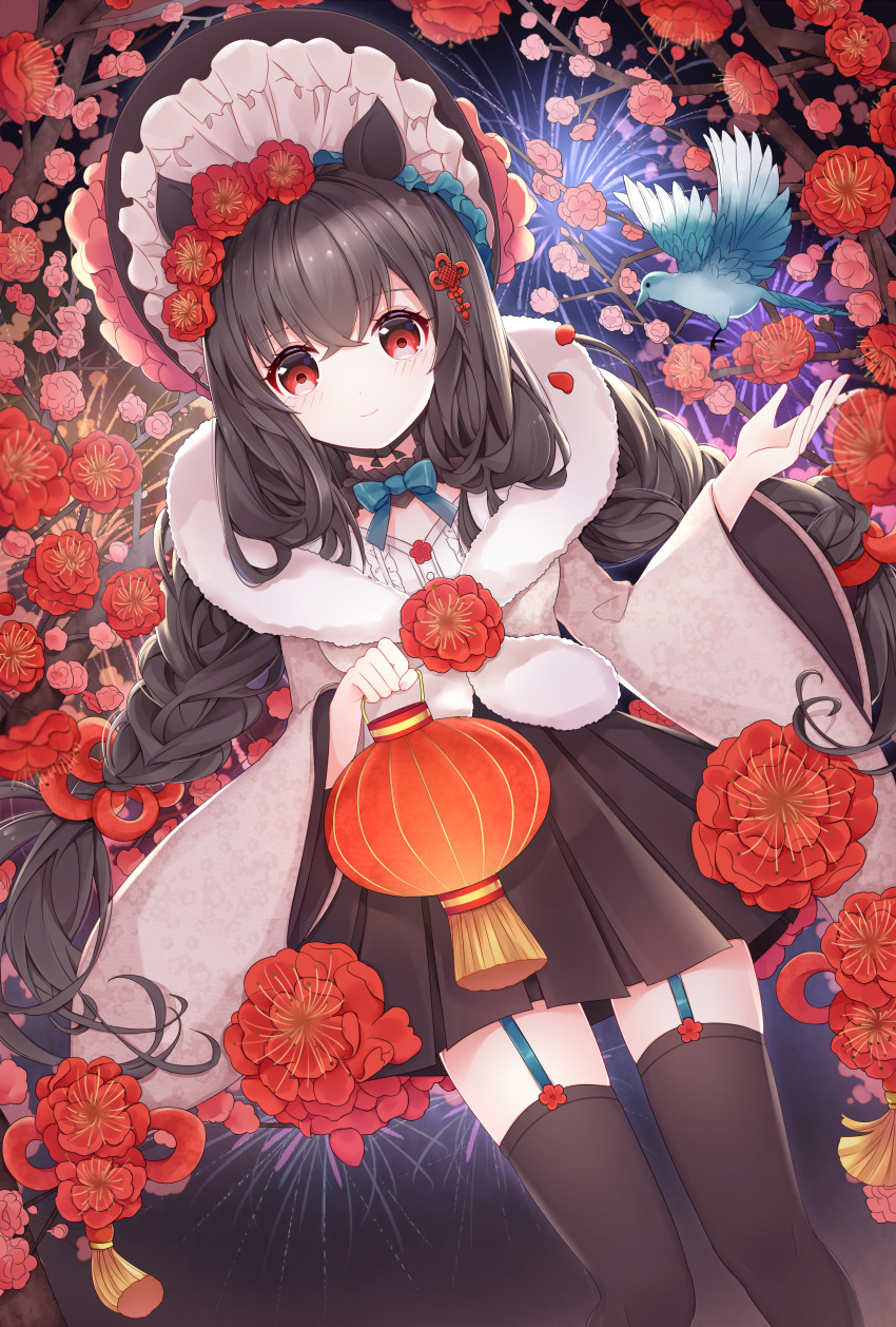 1girl absurdres animal_ear_request animal_ears bird black_hair black_headwear black_skirt black_thighhighs blue_bow blue_bowtie blue_garter_straps blue_headwear bow bowtie braid breasts chinese_knot chinese_new_year chinese_zodiac commentary drsn fireworks flower garter_straps hair_flower hair_ornament hat headdress highres holding holding_lantern lantern long_hair looking_at_viewer medium_breasts new_year night night_sky original plum_blossoms red_eyes skirt sky smile solo thigh-highs twin_braids white_headdress year_of_the_pig zettai_ryouiki