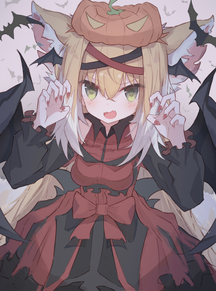 1girl alternate_costume animal_ear_fluff animal_ears arknights bat_(animal) bat_wings black_sleeves blonde_hair blush claw_pose colored_tips commentary detached_sleeves dress fake_wings fangs fingernails fox_ears fox_girl green_eyes halloween highres long_fingernails long_hair looking_at_viewer multicolored_hair nail_polish nalphanne open_mouth pumpkin_on_head red_dress red_nails skin_fangs sleeveless sleeveless_dress solo suzuran_(arknights) very_long_hair white_hair wings
