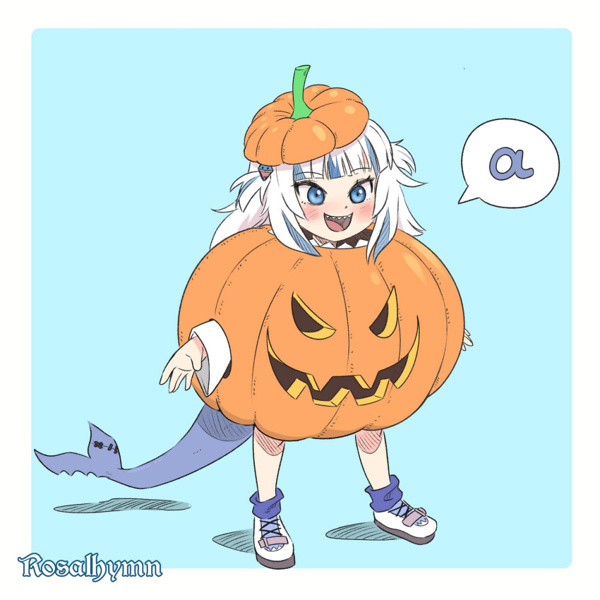 1girl :d a_(phrase) artist_name blue_background blue_eyes blue_hair blue_socks blush fins fish_tail full_body gawr_gura hair_ornament highres hololive hololive_english jack-o'-lantern long_hair long_sleeves multicolored_hair pumpkin_costume pumpkin_hat rosalhymn shadow shark_tail sharp_teeth shoes simple_background smile socks solo spoken_letter standing streaked_hair tail teeth two_side_up virtual_youtuber white_footwear white_hair