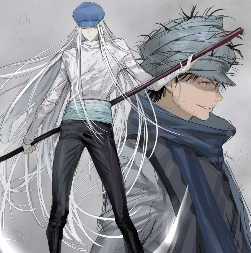 2boys absurdres black_eyes black_hair black_pants blue_headwear blue_scarf chamuring closed_mouth cowboy_shot facial_hair ging_freecss grey_background grey_headwear grey_robe hat highres holding holding_polearm holding_weapon hunter_x_hunter kite_(hunter_x_hunter) long_hair long_sleeves looking_at_viewer male_focus multiple_boys pants parted_lips polearm profile robe scarf shirt smile standing stubble upper_body weapon white_hair white_shirt