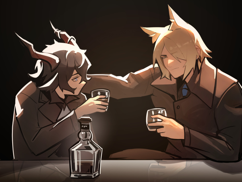 2boys alcohol animal_ear_fluff animal_ears arknights ascot black_coat black_hair black_jacket black_pants black_shirt blonde_hair blue_necktie coat collared_coat collared_shirt cup dark_background distr drinking_glass ebenholz_(arknights) glass_bottle goat_boy goat_ears goat_horns hair_over_one_eye hand_on_another's_shoulder highres holding holding_cup horns horse_boy horse_ears jacket long_sleeves looking_at_another male_focus mlynar_(arknights) multiple_boys necktie pants reflection shirt short_hair sitting smile suit suit_jacket trench_coat upper_body violet_eyes white_ascot yellow_eyes