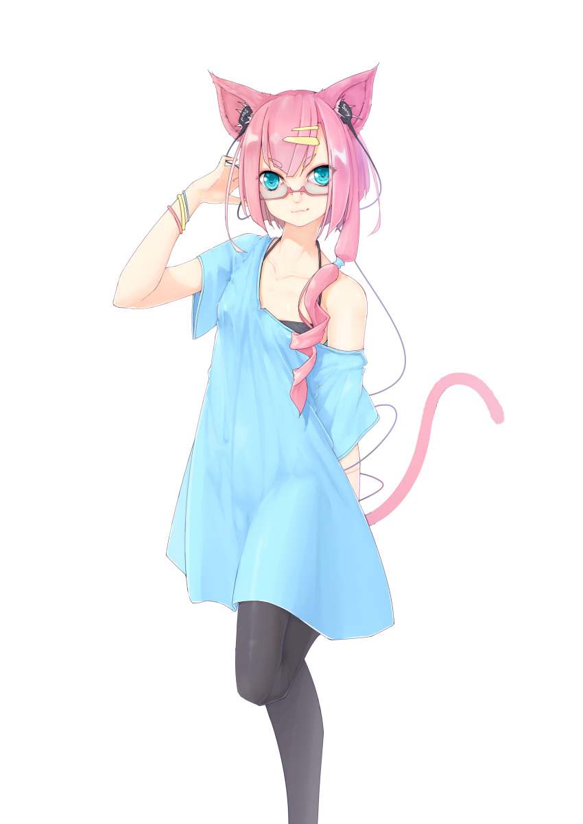 1girl absurdres animal_ears black_bra black_pantyhose blue_eyes blue_shirt bra breasts cat_ears cat_girl cat_tail earphones earphones_on_animal_ears fang foot_out_of_frame hair_ornament hairclip highres kearful long_shirt looking_at_viewer loose_clothes loose_shirt multiple_bracelets off_shoulder original pantyhose pink-framed_eyewear pink_hair product_placement semi-rimless_eyewear shirt short_hair_with_long_locks simple_background small_breasts sony standing standing_on_one_leg tail underwear white_background