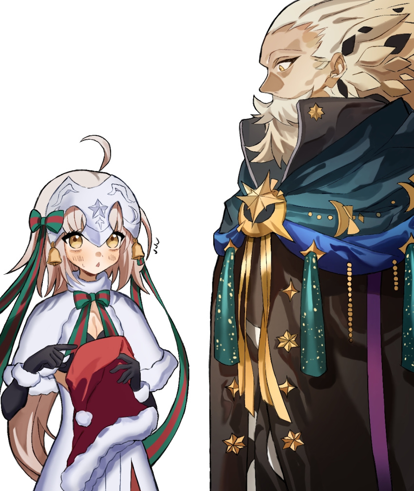 1boy 1girl ahoge beard bell black_gloves cloak facial_hair fate/grand_order fate_(series) gloves grey_hair hat highres holding holding_clothes holding_hat jeanne_d'arc_alter_santa_lily_(fate) mustache ptolemy_(fate) santa_hat wen_zhi_(717256) white_background yellow_eyes