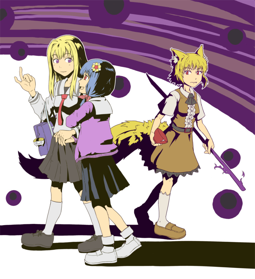 3girls animal_ear_fluff animal_ears ascot bag bag_charm belt black_ascot black_belt black_footwear black_skirt blonde_hair blue_hair bowl breasts brown_dress brown_footwear charm_(object) closed_mouth collared_shirt commentary_request cookie_(touhou) dress dual_persona flower food fox_ears fox_girl fox_tail full_body hair_flower hair_intakes hair_ornament highres holding holding_hands holding_stick loafers long_hair looking_at_another mary_janes miramikaru_miran miramikaru_riran multiple_girls necktie omelet open_mouth pinafore_dress pleated_skirt purple_shirt red_eyes red_necktie rice_bowl school_bag school_uniform serafuku shirt shoes short_hair short_sleeves siblings sidelocks sisters skirt sleeveless sleeveless_dress small_breasts smile socks stick tail tamagoyaki violet_eyes walking white_footwear white_shirt white_socks zurazura