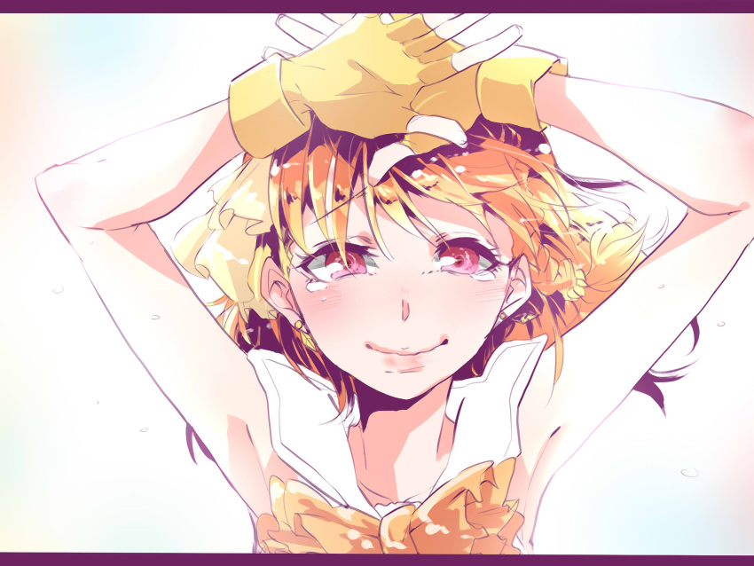 1girl armpits arms_up blush bow bowtie braid closed_mouth commentary_request earrings fingerless_gloves floating_hair gloves hair_between_eyes highres idol idol_clothes jewelry kashikaze letterboxed looking_at_viewer love_live! love_live!_sunshine!! orange_bow orange_bowtie orange_hair red_eyes short_hair side_braid simple_background solo stud_earrings takami_chika tears upper_body white_background yellow_gloves