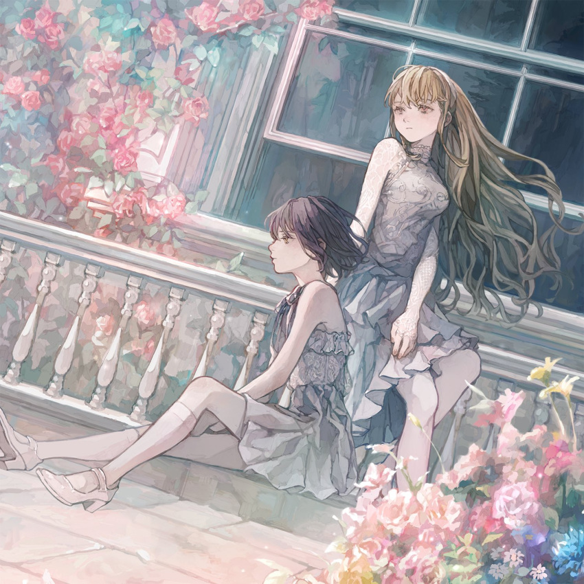 2girls album_cover bare_shoulders black_hair blonde_hair blue_flower breasts closed_mouth commentary_request cover denonbu dress expressionless flower frilled_dress frills full_body highres hotatenshi kurogane_tama lace long_hair looking_to_the_side medium_breasts multiple_girls muted_color official_alternate_costume official_art outdoors pink_flower pink_rose profile red_eyes rose shirokane_aki shoes short_hair sitting sleeveless sleeveless_dress white_dress white_footwear window yellow_eyes
