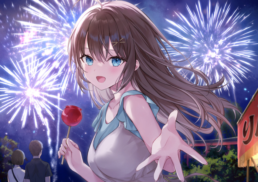 1boy 2girls ahoge black_shirt blue_eyes blush brown_hair candy_apple commentary_request copyright_request cover cover_page fireworks food hair_between_eyes hair_ornament higeneko holding holding_food long_hair looking_at_viewer multiple_girls night night_sky novel_cover novel_illustration official_art open_mouth original reaching reaching_towards_viewer shirt sky summer_festival upper_body x_hair_ornament