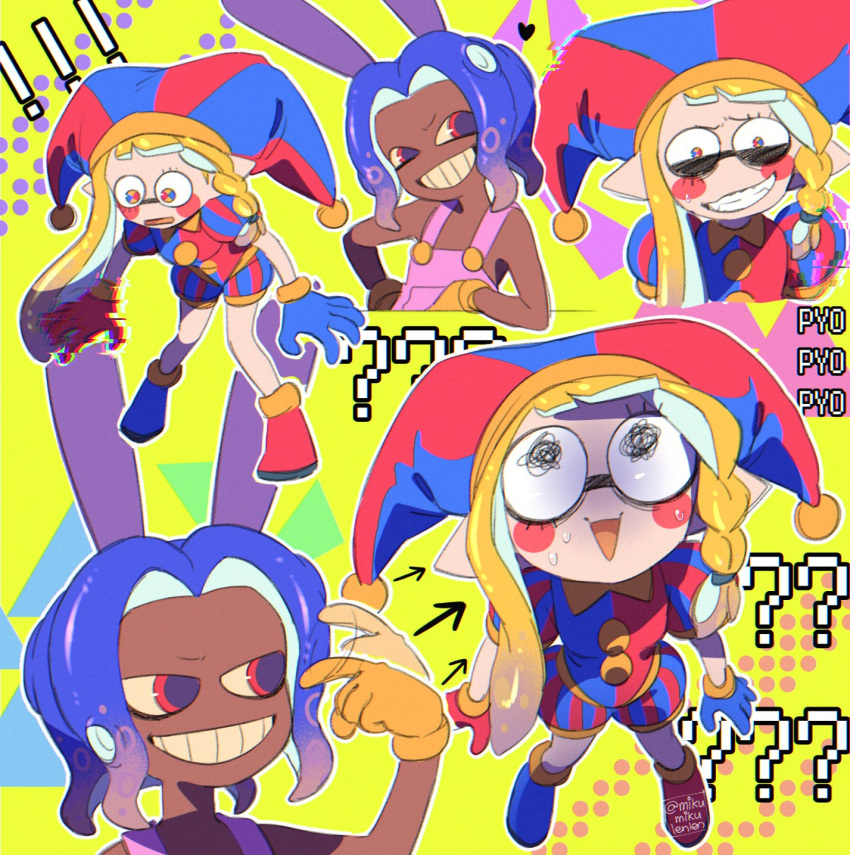 1boy 1girl ariamikukanzaki blonde_hair blue_eyes blue_gloves clenched_teeth collage commentary_request cosplay crossover dark-skinned_male dark_skin english_commentary gloves hat highres inkling inkling_girl jax_(the_amazing_digital_circus) jax_(the_amazing_digital_circus)_(cosplay) jester jester_cap looking_at_viewer multicolored_eyes nervous_smile octoling octoling_boy overalls pomni_(the_amazing_digital_circus) pomni_(the_amazing_digital_circus)_(cosplay) red_eyes red_gloves smile splatoon_(series) splatoon_2 splatoon_2:_octo_expansion squiggle_eyes teeth the_amazing_digital_circus upper_body yellow_gloves