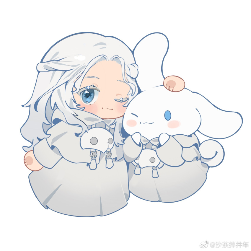 1girl :3 ;3 blue_eyes blush_stickers braid capelet chibi chinese_commentary cinnamoroll colored_eyelashes commentary_request final_fantasy final_fantasy_xiv full_body half_updo hand_on_another's_head hands_up heads_together highres hood hood_down hooded_capelet long_hair long_sleeves looking_at_viewer mask mask_around_neck one_eye_closed robe sanrio shacha_ban_jing_nian simple_background single_braid smile solid_oval_eyes standing tail tassel unworn_mask venat_(ff14) weibo_logo weibo_username white_background white_capelet white_hair white_robe