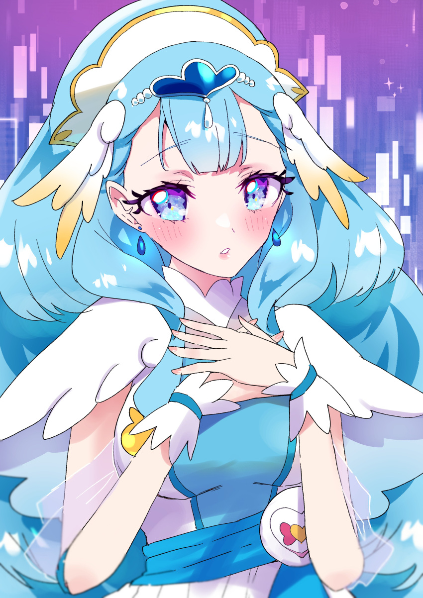 1girl absurdres blue_eyes blue_hair breasts cure_ange dress earrings hat head_wings heart_pouch highres hugtto!_precure jewelry long_hair looking_at_viewer magical_girl medium_breasts mikorin nurse_cap precure see-through see-through_sleeves smile thick_eyelashes upper_body very_long_hair wings wrist_cuffs